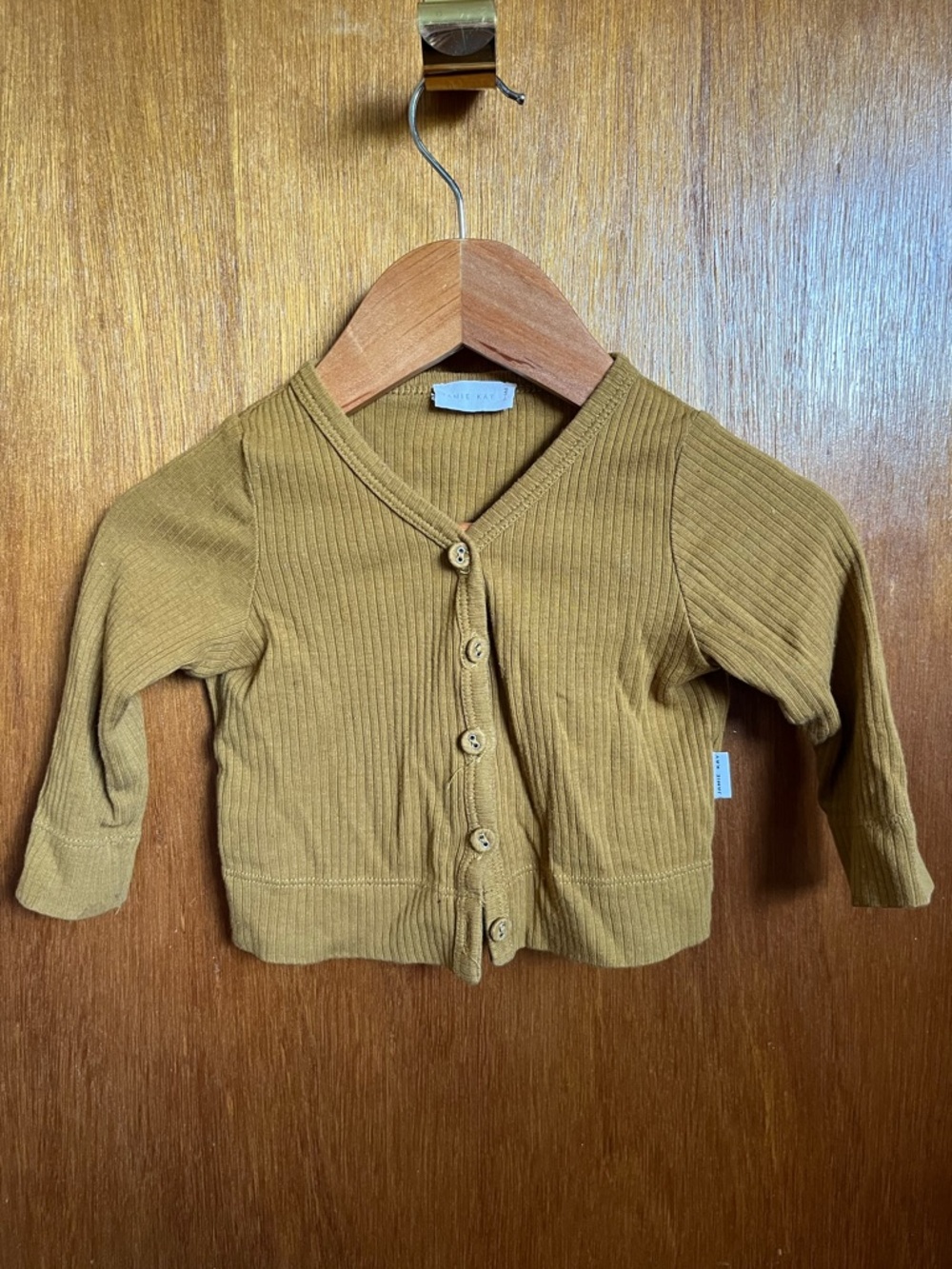 Jamie Kay Ribbed Button-Front Cardigan in Camel